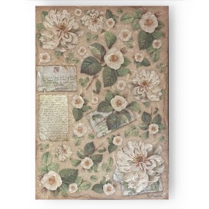 STAMPERIA PAPIER RYŻOWY A4 VINTAGE LIBRARY KWIATY I KARTY
