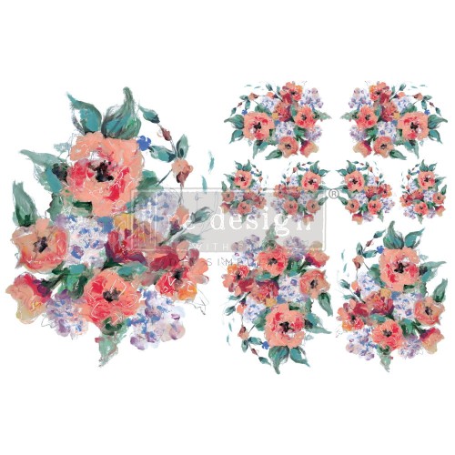 Zestaw dwóch arkuszy transferów wodnych H2O z motywami florystycznymi z kolekcji Brilliant Blooms od Prima Re·Design