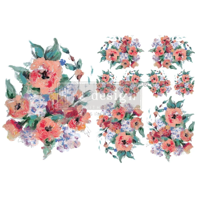 Zestaw dwóch arkuszy transferów wodnych H2O z motywami florystycznymi z kolekcji Brilliant Blooms od Prima Re·Design