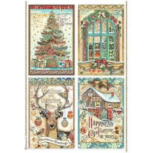 STAMPERIA PAPIER RYŻOWY A4 CHRISMAS GREETINGS 4 KARTY