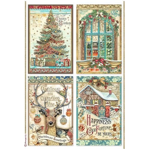 STAMPERIA PAPIER RYŻOWY A4 CHRISMAS GREETINGS 4 KARTY