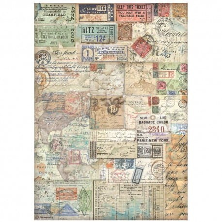 Stamperia papier ryżowy A4 Art  of travelling tła bilety