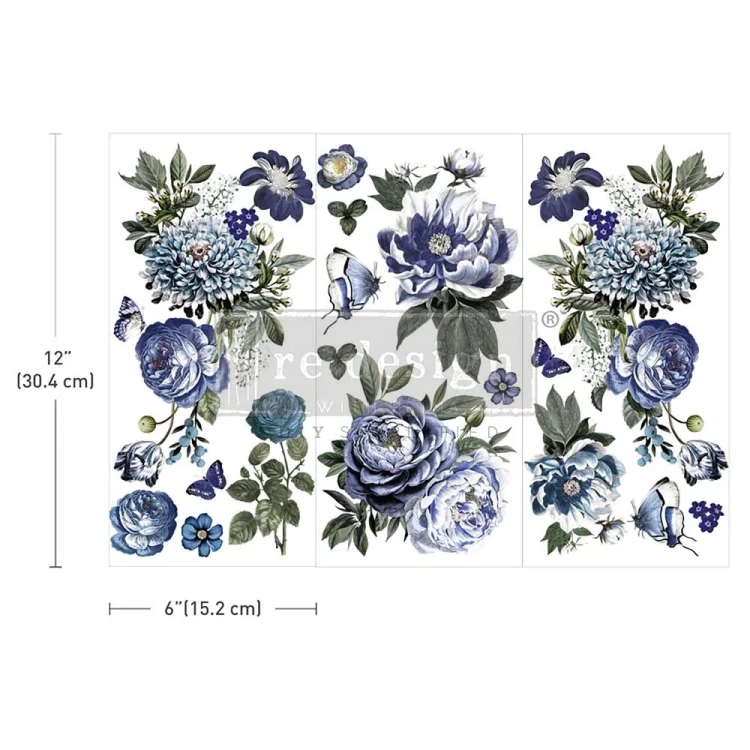 Decor Transfer Indigo Petals — zestaw 3 arkuszy transferu dekoracyjnego o wymiarach 15x30 cm, idealny do zdobienia mebli i innych gładkich powierzchni.