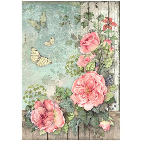 Papier ryżowy Stamperia z kolekcji House of Roses, z pnących róż, bluszczu i motyli. Format A4, kod DFSA41018. Idealny do techniki decoupage oraz projektów mixmedia, handmade i DIY.