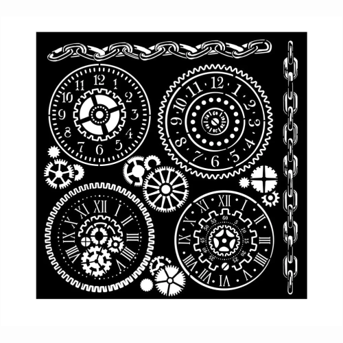 Szablon 3D Stamperia 18x18 cm - Tarcze zegarowe, zębatki, łańcuchy