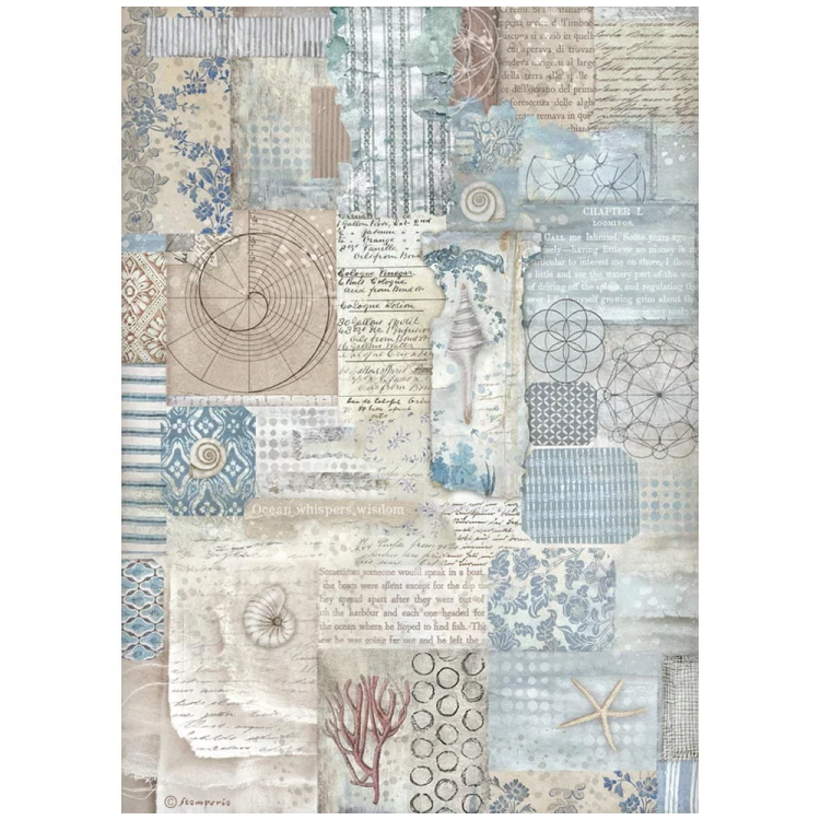 Papier ryżowy format A4 marki Stamperia z kolekcji Silent Sea. Zawiera motyw patchworkowego tła z morskimi klimatami. Kod producenta: DFSA41027