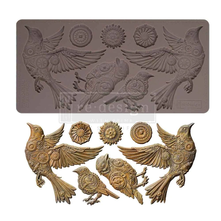 Forma silikonowa do odlewów 25x13 cm Prima Gears of Flight. Cztery ptaki różnych rozmiarów i 3 okrągłe dekory.