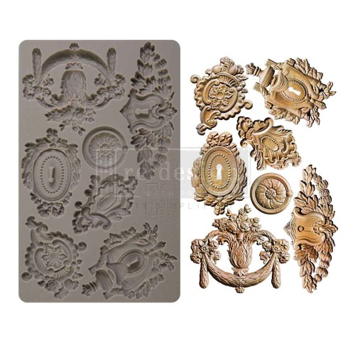Foremka silikonowa Prima Opulent 20x13 cm z motywem dekoracyjnych okuć  – do decoupage, stylizacji mebli i dekoracji cukierniczych. Siedem różnych wzorów.