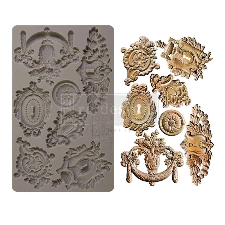 Foremka silikonowa Prima Opulent 20x13 cm z motywem dekoracyjnych okuć  – do decoupage, stylizacji mebli i dekoracji cukierniczych. Siedem różnych wzorów.