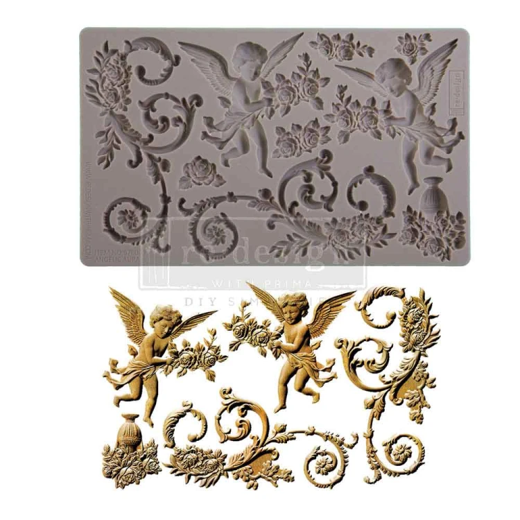 Foremka silikonowa Prima Angelic Aura 20x13 cm z motywem amorków i ornamentów  – do decoupage, stylizacji mebli i dekoracji cukierniczych.