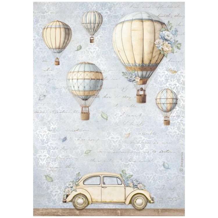 Papier ryżowy Stamperia A4 z kolekcjii Timeless z motywem balonów i auta. W tle damaskowa tapeta. Idealny do decoupage.