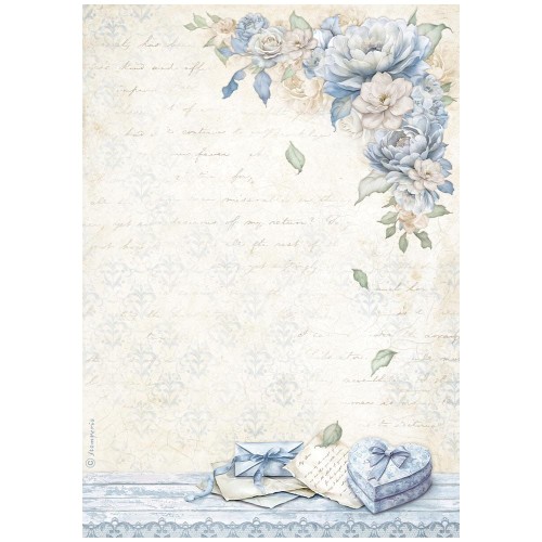 Papier ryżowy Stamperia A4 z kolekcji Timeless. Zawiera motyw niebieskich róż, box w kształcie serca i listy.