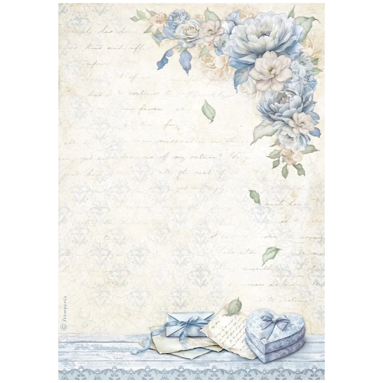 Papier ryżowy Stamperia A4 z kolekcji Timeless. Zawiera motyw niebieskich róż, box w kształcie serca i listy.