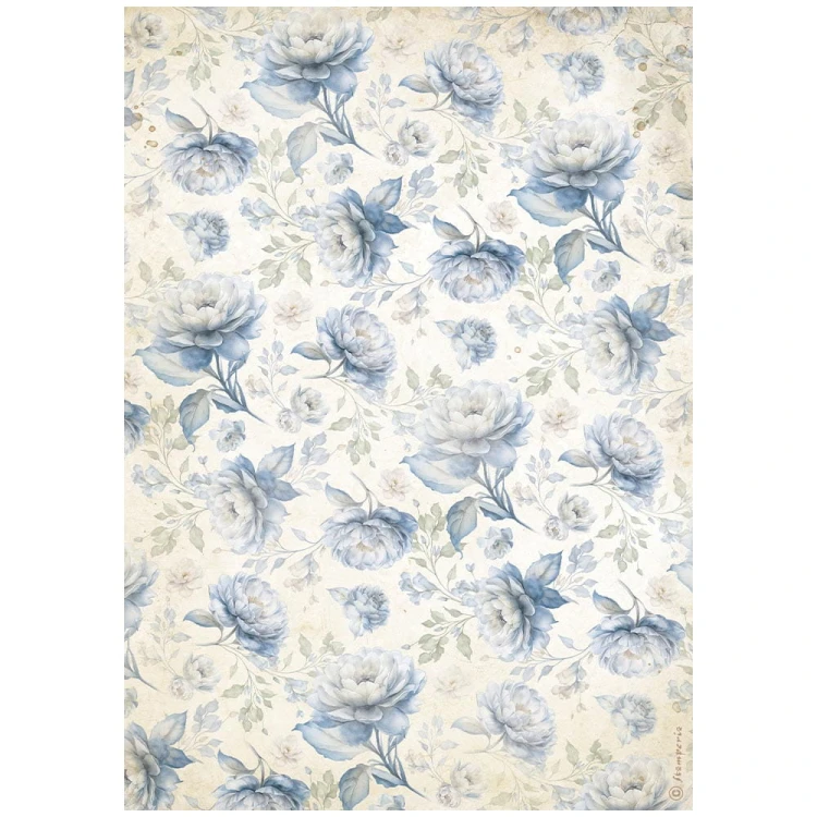 Papier ryżowy Stamperia A4 z kolekcji Timeless z motywem kwiatowym w odcieniach błękitu i beżu. Idealny do decoupage.