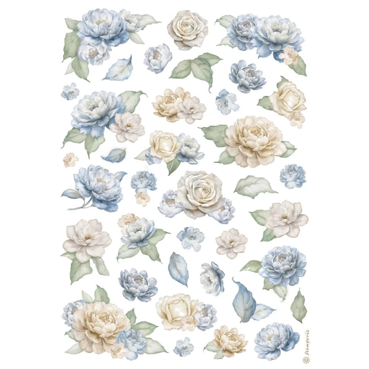 Papier ryżowy Stamperia A4 z kolekcji Timeless z motywem róż i innych kwiatów w odcieniach beżu i błękitu. Idealny do decoupage.