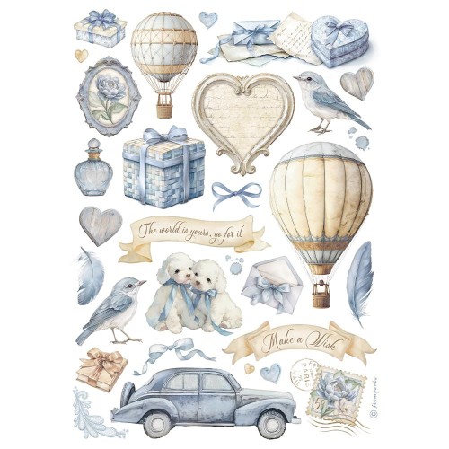 Papier ryżowy Stamperia A4 Timeless z motywem mix elementów w odcieniach beżu i błękitu – auto, balon, pieski – idealny do decoupage