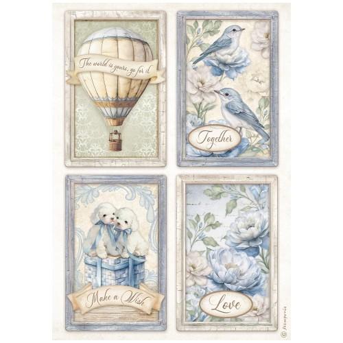 Papier ryżowy Stamperia format A4 z kolekcji Timeless.   Zawiera motyw 4 obrazków z ptaszkami, balonem, pieskami i kwiatami, w odcieniach beżu i błękitu. Idealny do decoupage i mixmedia. Kod producenta:  DFSA41039