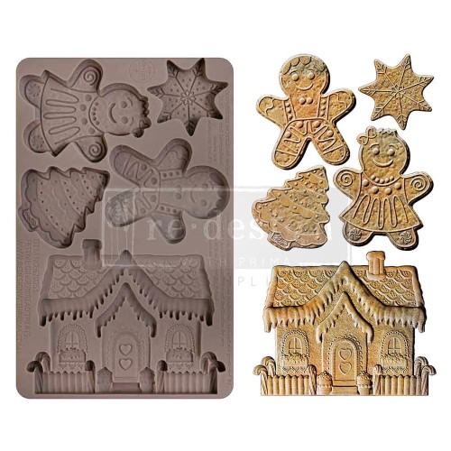 Forma silikonowa do odlewów 20x13 cm Prima Festive Gingerbread Treats z wzorami  piernikowych ludzików, domku i ciastek w kształcie gwiazdki i choinki. Idealna do stylizacji mebli, decoupage a także wyrobów cukierniczych.
