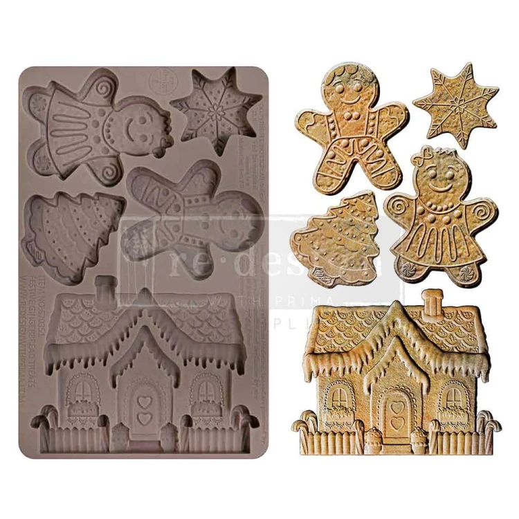 Forma silikonowa do odlewów 20x13 cm Prima Festive Gingerbread Treats z wzorami  piernikowych ludzików, domku i ciastek w kształcie gwiazdki i choinki. Idealna do stylizacji mebli, decoupage a także wyrobów cukierniczych.
