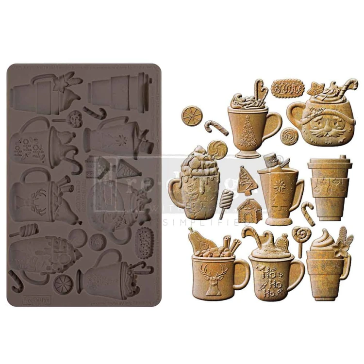 Forma silikonowa do odlewów 20x13 cm marki Prima Chereful Cups z motywem kubków i filiżanek w świątecznym klimacie. Każdy kubek zdobią drobne, pełne magii detale: laski cukrowe, piernikowe ludki czy migoczące płatki śniegu.