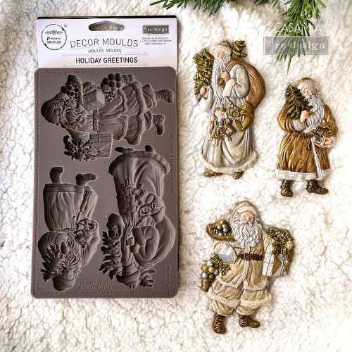 Forma silikonowa do odlewów 20x13 cm marki Prima z kolekcji Holiday Greetings ze wzorem Świętego Mikołaja, trzy figurki. Idealna do stylizacji mebli, decoupage a także wyrobów cukierniczych. Posiada atest spożywczy.