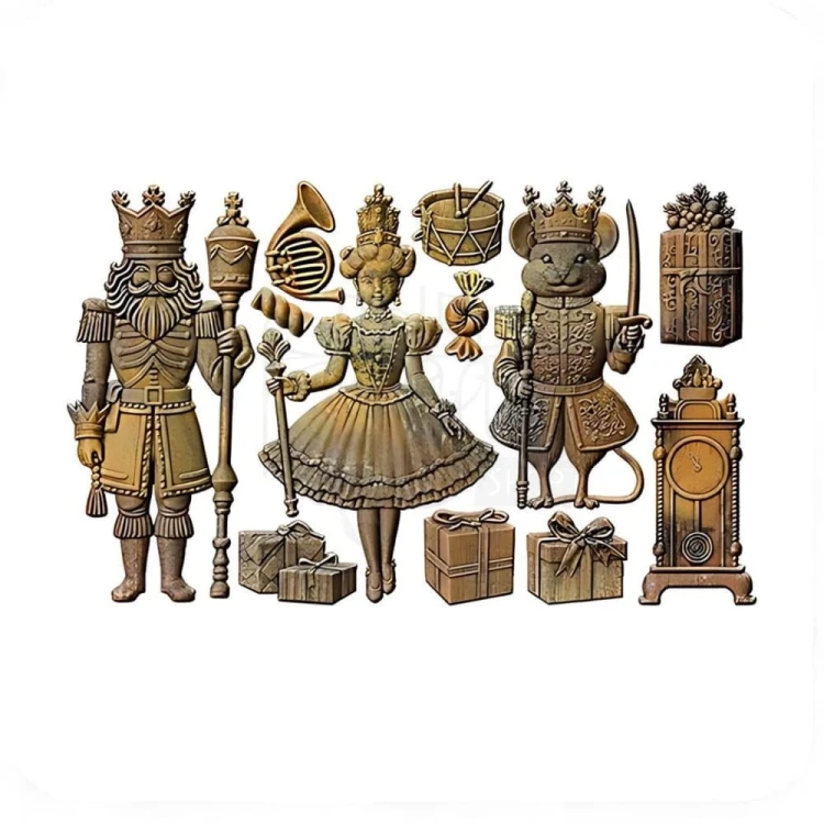 Forma silikonowa do odlewów 20x13 cm – Prima Nutcracker Party. Zawiera postacie z baletu Dziadek do Orzechów: Dziadek, Wróżka Cukrowa, Król Myszy oraz detale jak prezenty , zegar, bębenek i trąbka.