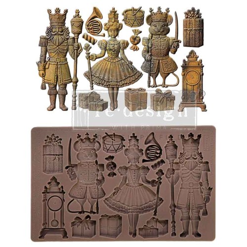 Forma silikonowa do odlewów 20x13 cm – Prima Nutcracker Party. Zawiera postacie z baletu Dziadek do Orzechów: Dziadek, Wróżka Cukrowa, Król Myszy oraz detale jak prezenty i zegar. Idealna do dekoracji i decoupage.