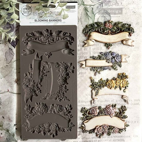 Forma silikonowa do odlewów 25x13 cm Prima Blooming Banners  z motywem 4 falujących wstęg ozdobionych kwiatami. Foremka do tworzenia dekoracji w decoupage, mixmedia, scrapbooking.