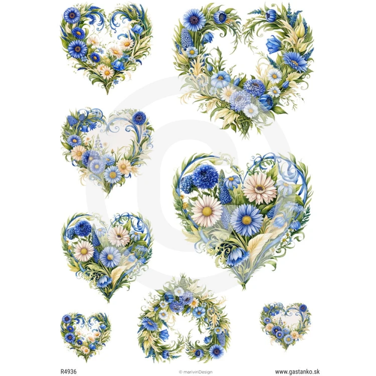 Papier ryżowy format A4 marki mariviriDesign, ze wzorem 8 serc ułożonych z polnych kwiatów w kolorze niebieskim i białym. Idealny do decoupage.