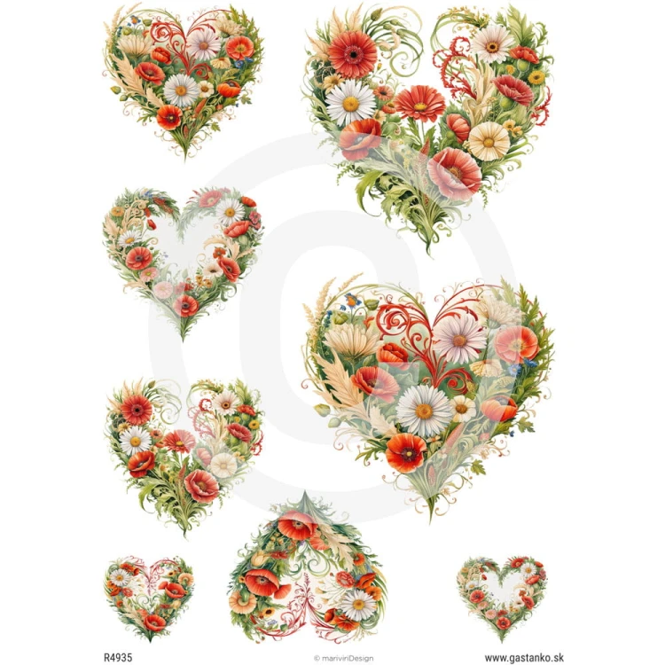 Papier ryżowy format A4 marki mariviriDesign, ze wzorem 8 serc ułożonych z polnych kwiatów w kolorze czerwonym i białym, z zielonymi liśćmi. Idealny do decoupage.