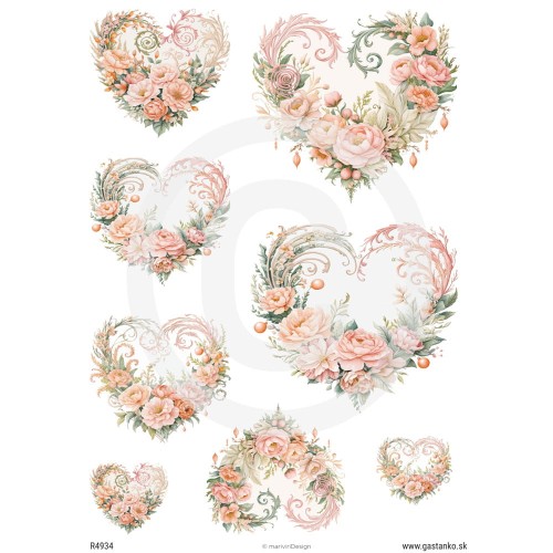 Papier ryżowy format A4 marki mariviriDesign, ze wzorem 8 serc ułożonych z róż w kolorze różowym, pastelowym. Idealny do decoupage i romantycznych projektów.