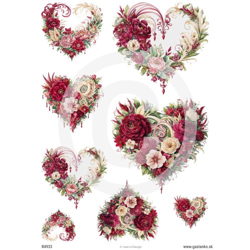 Papier ryżowy format A4 marki mariviriDesign, kompozycje kwiatowe w kształcie ośmiu serc. Idealny do decoupage i romantycznych projektów.