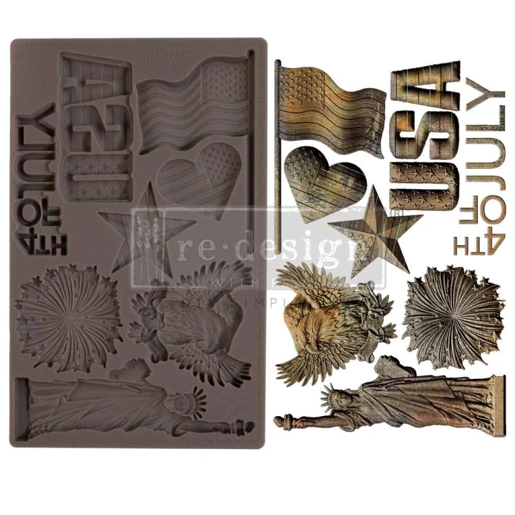 Forma silikonowa do odlewów 20x13 cm – Prima Happy 4th z symbolami Święta Niepodległości. Statua Wolności, napis USA, gwiazda, orzeł. Idealna do projektów DIY, decoupage, scrapbooking i mixmediów.