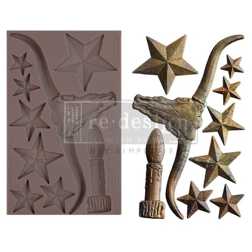 Forma silikonowa do odlewów o wymiarach 20x13 cm firmy Prima - West Whispers z motywem 7 gwiazdek i czaszki bawoła z długimi rogami. Idealna do decoupage.