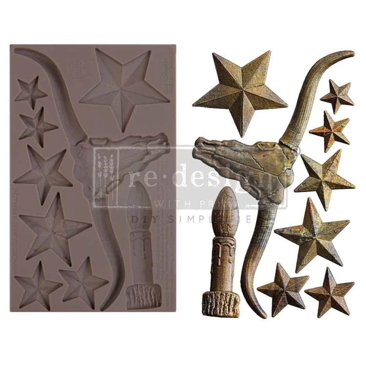 Forma silikonowa do odlewów o wymiarach 20x13 cm firmy Prima - West Whispers z motywem 7 gwiazdek i czaszki bawoła z długimi rogami. Idealna do decoupage.