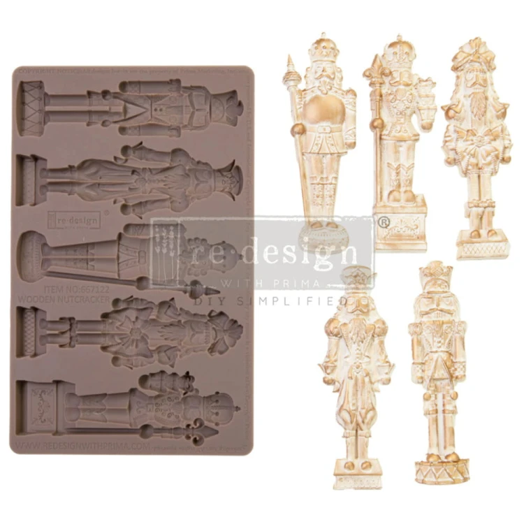Forma silikonowa do odlewów 20x13 cm - Prima Wooden Nutcracker ze wzorem drewnianych żołnierzyków, 5 różnych figurek. Świetny do dekoracji w decoupage czy scrapbookingu.
