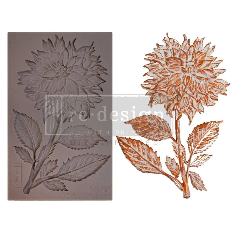 Forma silikonowa o wymiarach 20x13 cm marki Prima - Sweet Dahlia. Zawiera wzór kwiatu, rozkwitniętej dalii na łodydze z liśćmi.