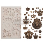 Forma silikonowa do odlewów o wymiarach 20x13 cm - Finnabair | Prima | Regalia. Zawiera motyw głowy lwa w koronie, 10 ozdobnych koron różnej wielkości i dekoracyjne rozetki. Idealne do desoupage i scrapbookingu.