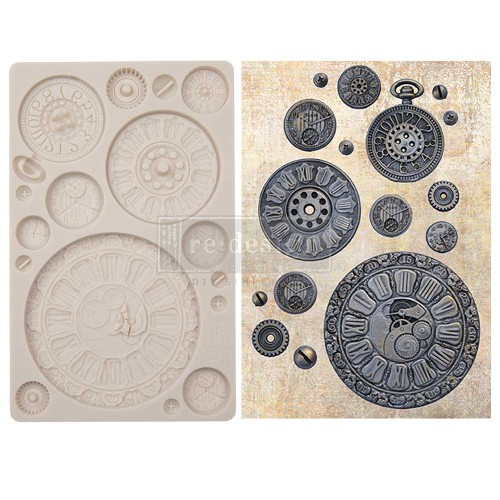 Forma silikonowa do odlewów o wymiarach 20x13 cm - Finnabair | Prima | Clock Faces. Zawiera tarcze zegarowe, 8 wzorów różnej wielkości oraz dodatki jak wkręty, zębatki.