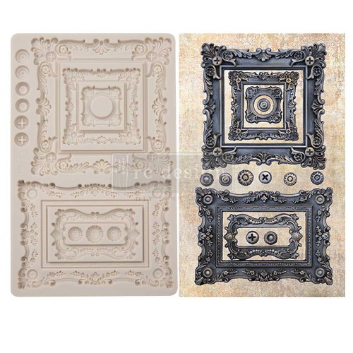 Forma silikonowa do odlewów o wymiarach 20x13 cm - Finnabair | Prima | Baroque Frames. Zawiera 5 barokowych, ozdobnych ramek różnej wielkości, kwadratowych i prostokątnych. Idealne dodatki do projektów decoupage oraz scrapbooking.