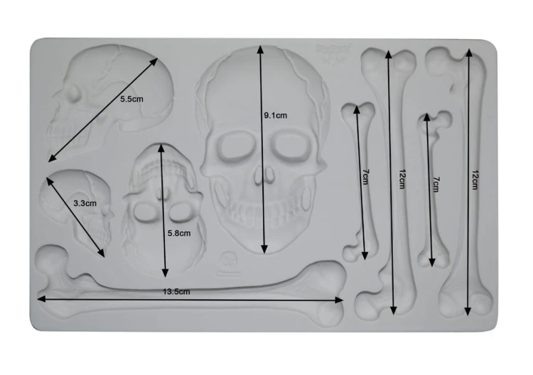Forma silikonowa do odlewów 20x13 cm - Finnabair | Prima | Skull and Bones. Wymiary poszczególnych wzorów.