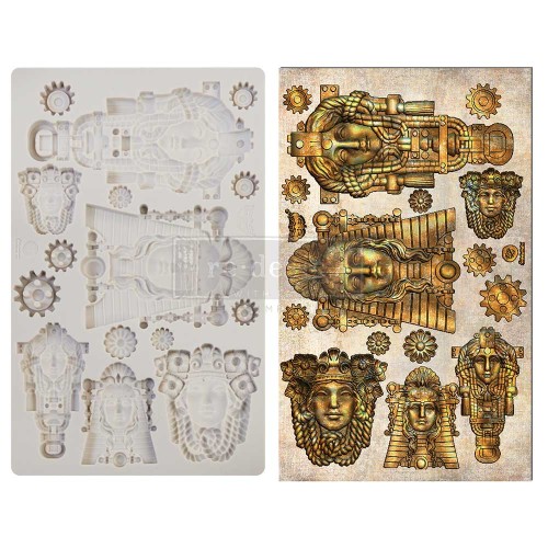 Forma silikonowa do odlewówo wymiarach 20x13 cm - Finnabair | Prima | Queens of Steam. Zawiera 6 efektownych głów i popiersi – bogiń rodem ze starożytnej cywilizacji połączonych ze steampunkowym klimatem.