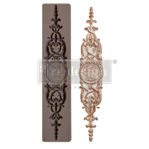 Forma silikonowa do odlewów o wymiarach 18x3,5 cm - Prima | Brigitte. Zawiera podłużny, ozdobny dekor w barokowym stylu. W centralnym punkcie wykończony rozetą. Idealny dodatek do stylizacji mebli, szkatułek i różnych projektów DIY.