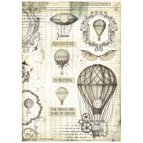 Papier ryżowy format A4 marki Stamperia z kolekcji Voyages Fantastiques. Zawiera motyw balonów i maszyn latających w stylu steampunk, w kolorach beżu i brązu. Idealny do techniki decoupage.