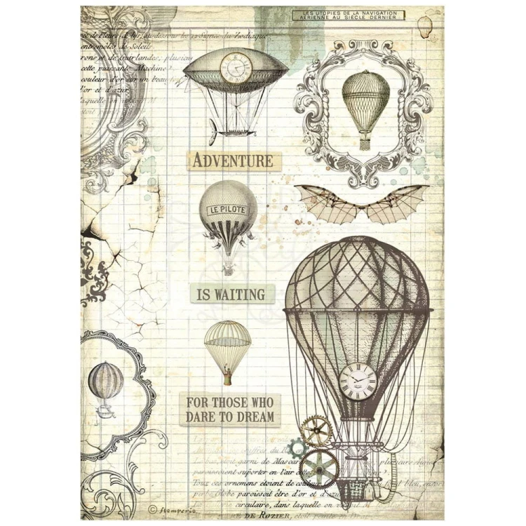 Papier ryżowy format A4 marki Stamperia z kolekcji Voyages Fantastiques. Zawiera motyw balonów i maszyn latających w stylu steampunk, w kolorach beżu i brązu. Idealny do techniki decoupage.