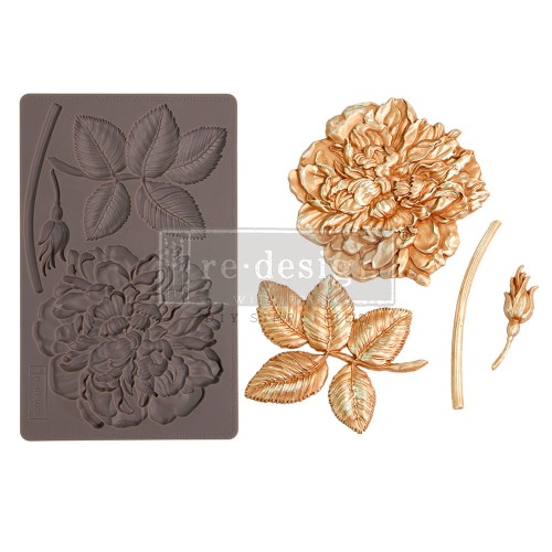 Forma silikonowa do odlewów o wymiarach 20x13 cm marki Prima Peony Suede. Zawiera duży, rozkwitnięty kwiat peonii wraz  z dodatkami uzupełniającymi kompozycję: pąk, liść, łodyga.