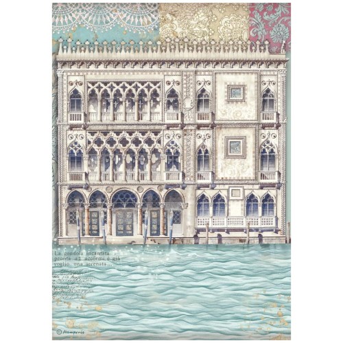 Papier ryżowy Stamperia A4 z kolekcjii Venice z motywem Weneckiego pałacu z ozdobnymi króżgankami . Na dole około 1/3 papieru to motyw płynącej wody. Idealny do decoupage.