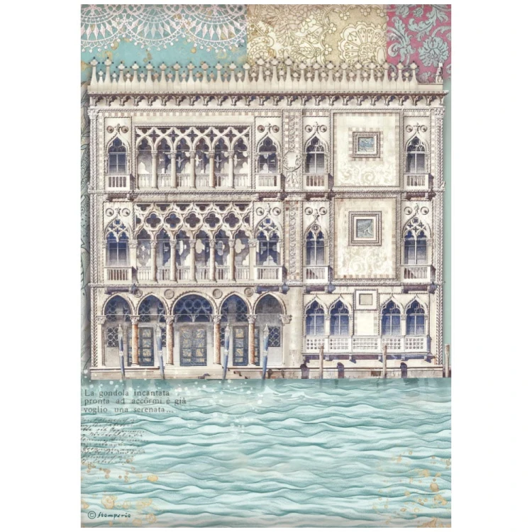 Papier ryżowy Stamperia A4 z kolekcjii Venice z motywem Weneckiego pałacu z ozdobnymi króżgankami . Na dole około 1/3 papieru to motyw płynącej wody. Idealny do decoupage.