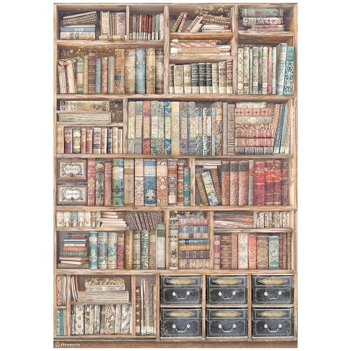 Papier ryżowy Stamperia A4 z kolekcji Venice z motywem regału bibliotecznego wypełnionego masą książek . Różnorodne wymiary książek ułożone na zróżnicowanej wielkości półek. Idealny do decoupage.