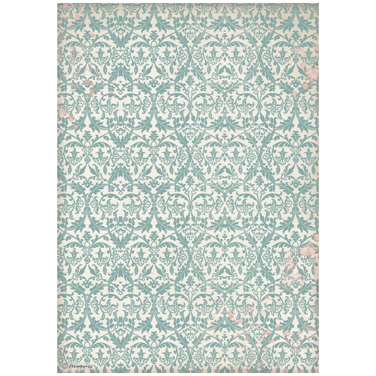 Papier ryżowy Stamperia A4 z kolekcjii Venice z motywem Weneckiego tła w formie wzorzystej lapet. Ozdobne turkusowe ornamenty na jasnym podbiciu będą idealnym tłem do decoupage.